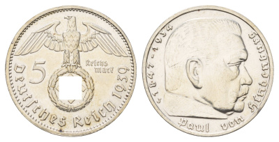 Германия 5 рейхсмарок 1939 J, Пауль фон Гинденбург (1847-1934) KM 94, J. 367 серебро 1517-1142