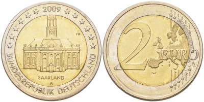 ФРГ 2 евро 2009 A, серия Федеральные земли, Саарланд, церковь Святого Людвига в Саарбрюккене KM 276 биметалл UNC 4111-814