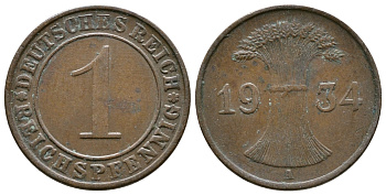 ГЕРМАНИЯ 1 РЕЙХСПФЕННИГ 1934 A KM 37, J. 313 бронза 4380-1248