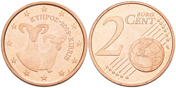 КИПР 2 ЕВРОЦЕНТА 2009 ДВА МУФЛОНА KM 79 сталь плакированная медью UNC 100-713
