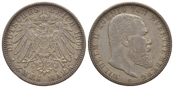 Вюртемберг 2 марки 1904 F, Вильгельм II (1891-1918) Weege 170, J. 174, KM 631 серебро 413-4824