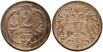 АВСТРИЯ 2 ГЕЛЛЕРА 1893 ФРАНЦ ИОСИФ (1848-1916) KM 2801 бронза 116-828