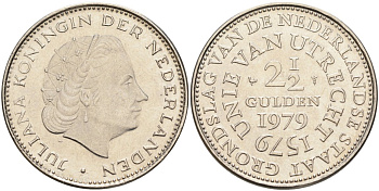 Нидерланды 2 1/2 гульдена 1979 400 лет Утрехтскому союзу, Юлиана (1949-1980) KM 197 никель 4587-944