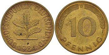 ФРГ 10 пфеннигов 1984 D J. 383, KM 108 сталь плакированная латунью    4603-531