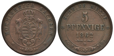 Саксония 5 пфеннигов 1862 B, Йоханн (1854-1873) KM 1218 медь 413-6042