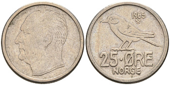 Норвегия 25 эре 1965 Улаф V (1958-1991), синица KM 407 медно-никель 4580-1034