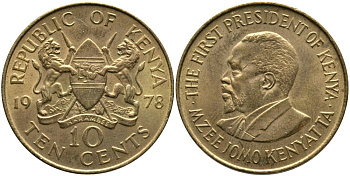 Кения 10 центов 1978 Джомо Кениата KM 11 никель латунь 4526-1131