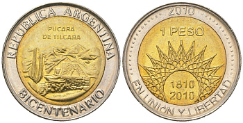 Аргентина 1 песо 2010 200 лет Аргентине - развалины крепости Пукара около г. Тилькара KM 159 биметалл UNC 4620-646