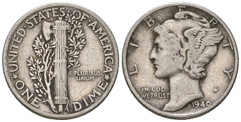 США 10 центов (дайм) 1940 KM 140 серебро 3334-1245