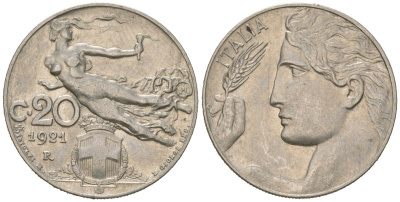 Италия 20 чентезимо 1921 R, Виктор Эммануил III (1900-1946) KM 44 никель 4615-632