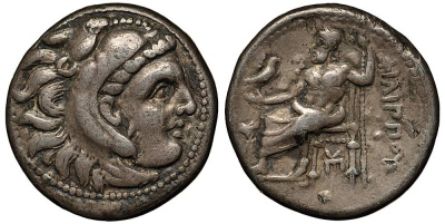 МАКЕДОНСКОЕ ЦАРСТВО ДРАХМА 323-316 гг. до н.э. ФИЛИПП III АРРИДЕЙ, ГОЛОВА АЛЕКСАНДРА ВЕЛИКОГО В ОБРАЗЕ ГЕРАКЛА / ЗЕВС НА ТРОНЕ, ДЕРЖАЩИЙ ОРЛА, СЛЕВА РОЗА, ГРЕЧЕСКАЯ ЛЕГЕНДА 'ФИЛИППА', ГОРОД САРДЫ, 4,20 гр Price P66 серебро 1073-11-91