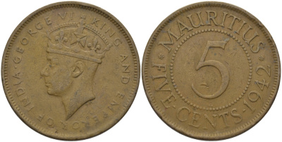 Маврикий 5 центов 1942 SA, Георг VI (1937-1952) KM 20 бронза 97-931