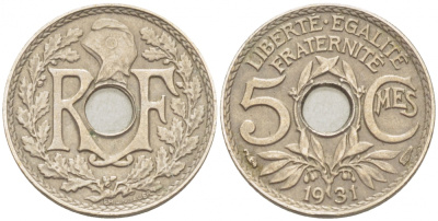 Франция 5 сантимов 1931 тип Линдайё KM 875, Le Franc 122.14 медно-никель 3309-1019