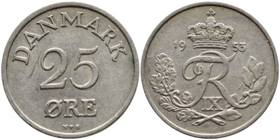 Дания 25 эре 1953 N; S, Фредерик IX (1947-1972) KM 842 медно-никель 4398-934