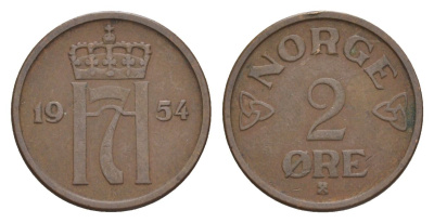 Норвегия 2 эре 1954 Хокон VII (1905-1957) KM 399 бронза 4635-326