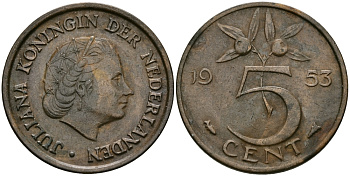 Нидерланды 5 центов 1953 Юлиана (1948-1980) KM 181 бронза 95-257