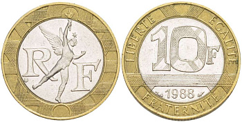 Франция 10 франков 1988 тип Гений Бастилии KM 964.1, Le Frank 375.2 биметалл 4519-846