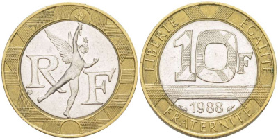 Франция 10 франков 1988 тип Гений Бастилии KM 964.1, Le Frank 375.2 биметалл 4519-846