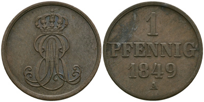 Ганновер 1 пфенниг 1849 A, Эрнст Август (1837-1851) KM 201.2, AKS 130, J. 74 медь 4608-1052