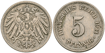 Германия 5 пфеннигов 1911 A KM 11, J. 12, Weege 6 медно-никель 4608-946