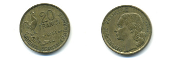 ФРАНЦИЯ 20 ФРАНКОВ 1951 ПЕТУХ, 4 ПЕРА KM 917.1, LE FRANC 402.7 алюминивая бронза 80-656