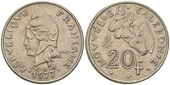Французская Новая Каледония 20 франков 1977 три быка, (IEOM) KM 12, Schoen 14, Lec 107 никель 4120-412