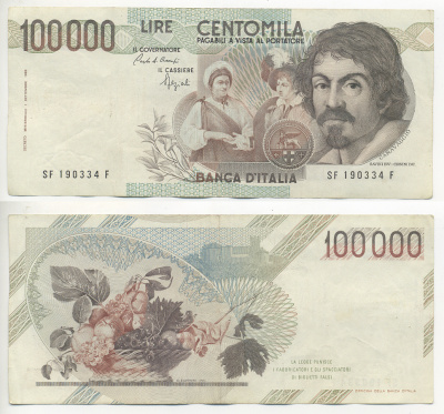 Италия 100000 лир 1983 Караваджо, фруктовый букет, подпись Speziali Pick 110b бумага 7220-16-1