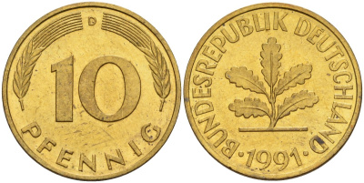 ФРГ 10 пфеннигов 1991 D KM 108, J. 383 сталь плакированная латунью 4175-1127
