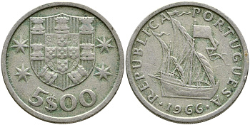 Португалия 5 эскудо 1966 парусник KM 591 медно-никель 4388-457