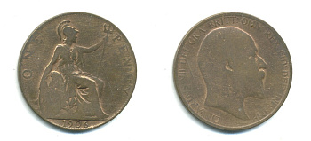 Великобритания 1 пенни 1906 Эдуард VII (1901-1910) KM 794.2, Spink 3990 бронза 47-825