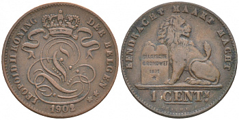 БЕЛЬГИЯ 1 САНТИМ 1902 VL KM 34.1 медь 44-942