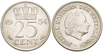 НИДЕРЛАНДЫ 25 ЦЕНТОВ 1954 КОРОЛЕВА ЮЛИАНА KM 183 никель 3955-147