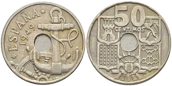 ИСПАНИЯ 50 СЕНТИМО 1949 (62) ФРАНСИСКО ФРАНКО ДИКТАТОР ИСПАНИИ (1939-1975), МОРСКАЯ АТРИБУТИКА KM 777 медно-никель 116-1051