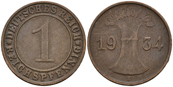 Германия 1 рейхспфенниг 1934 E KM 37, J. 313 бронза 4516-231