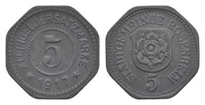 Розенхайм 5 пфеннигов 1917 Funck 450.4, Men05 21887.4, Men18 27362.4 цинк 4639-135