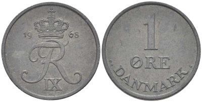 Дания 1 эре 1968 С; S, Фредерик IX (1947-1972) KM 839.2 цинк 4387-613