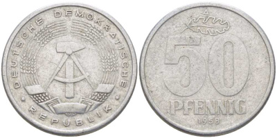 ГДР 50 ПФЕННИГОВ 1958 А KM 12.1 алюминий 4402-225