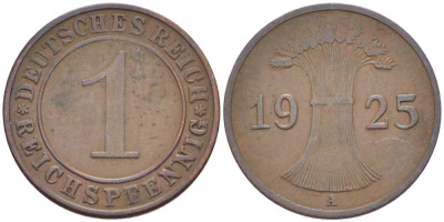 ГЕРМАНИЯ 1 РЕЙХСПФЕННИГ 1925 A KM 37, J. 313 бронза 112-1128