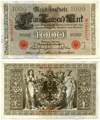 Германия 1000 марок 1910 21 апреля 1910, красная печать, номер семизначный, серия F, буква J, выпуск СЕНТЯБРЬ - ОКТЯБРЬ 1921 Pick 44, Роземберг 45с бумага VF 8606-39-2-2