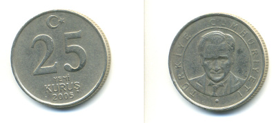 ТУРЦИЯ 25 КУРУШЕЙ 2005 KM 1167 медь никель цинк 3999-1235