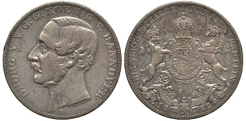 Брауншвейг-Каленберг-Ганновер 1 талер 1862 В, Георг V (1851-1866) КМ 230, AKS 144, Dav. 682, Kahnt 239, Thun 174 серебро  1520-845