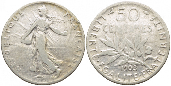 ФРАНЦИЯ 50 САНТИМОВ 1903 KM 854 серебро 116-558