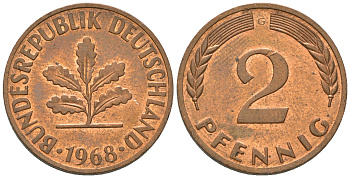 ФРГ 2 пфеннига 1968 G, из ролла J 381 a, KM 106 a сталь плакированная медью  aUNC  4173-111