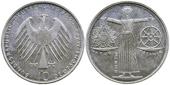 ФРГ 10 марок 2000 A, EXPO 2000 KM 199 серебро UNC 4111-416