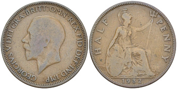 Великобритания 1/2 пенни 1932 Георг V (1910-1936) KM 837, Spink 4058 бронза 4514-635