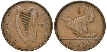Ирландия 1 пенни 1928 курица с цыплятами KM 3 бронза 4162-225