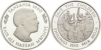 Танзания 100 шиллингов 1990 международный фонд "Спасите детей", тираж 20000 экз. KM 24 серебро PROOF 1098-3-11