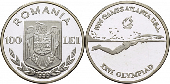 Румыния 100 леев 1996 XXVI олимпийские игры 1996 года в Атланте, плавание KM 119 серебро PROOF 1077-6-31