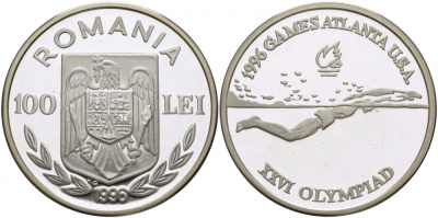 Румыния 100 леев 1996 XXVI олимпийские игры 1996 года в Атланте, плавание KM 119 серебро PROOF 1077-6-31
