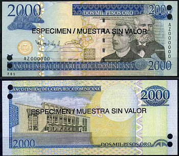 Доминиканская Республика 2000 песо 2006 образец, SPECIMEN Pick 181s бумага UNC (пресс) 2197-41-1-1